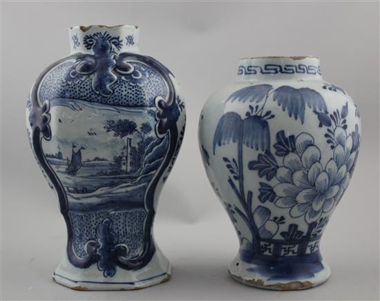 Two Delft blue and white vases, late 18th century, 17.5cm, both with losses to rims